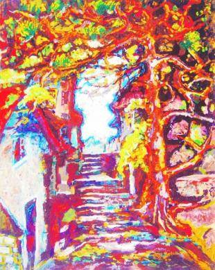 黄昏渐变水粉画