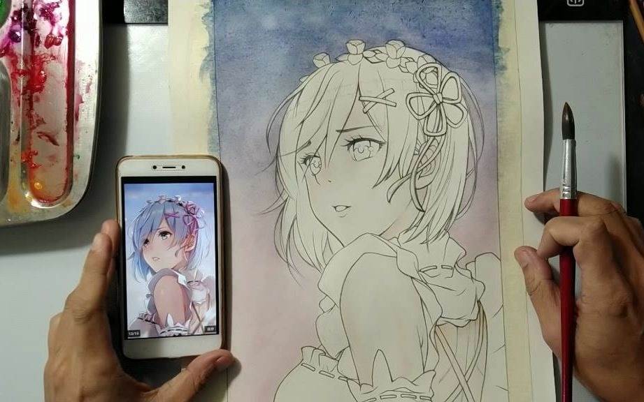 黄昏渐变水粉画