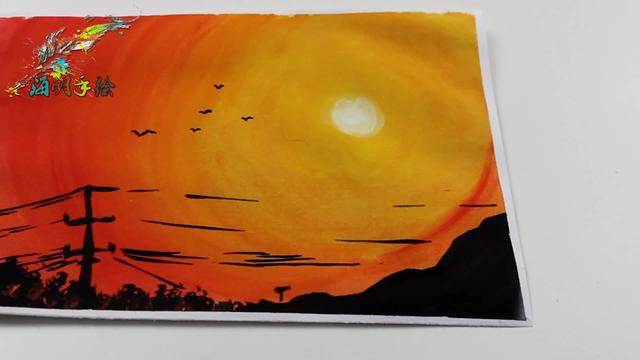 水粉画落日