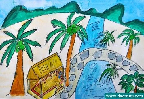 海滩水粉画