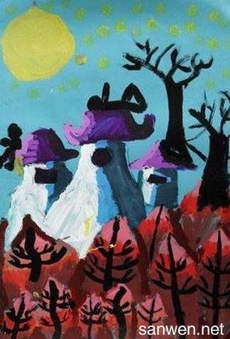 水粉画夜景