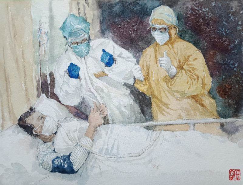 抗疫水粉画