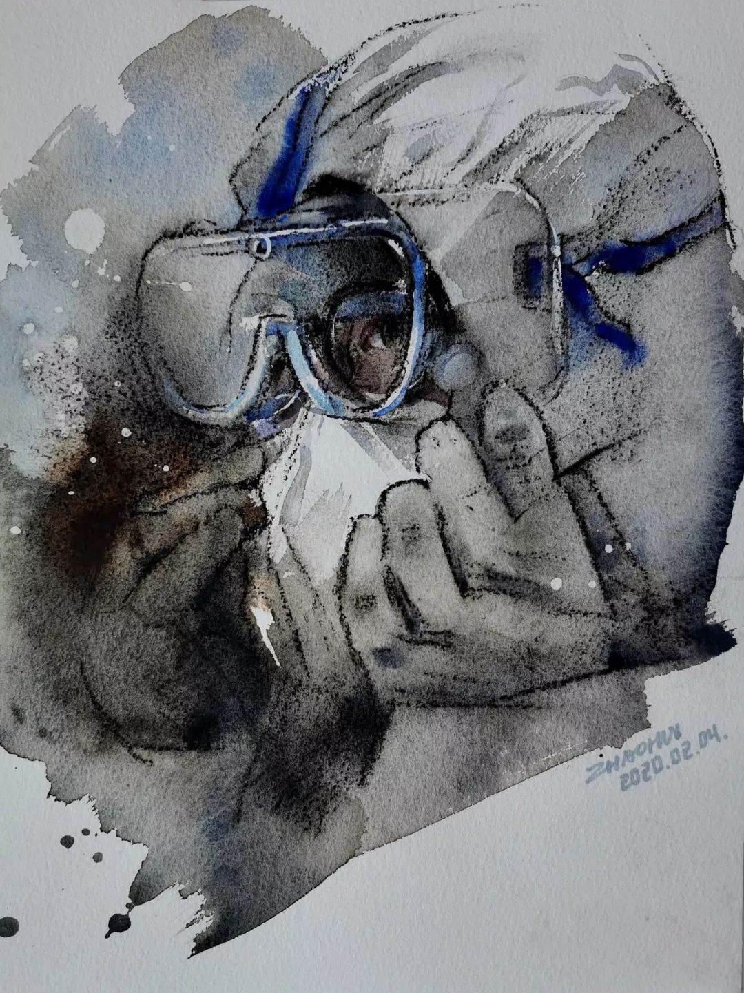 抗疫水粉画