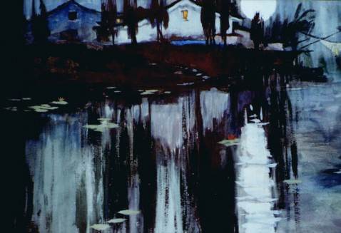 夜景水粉画