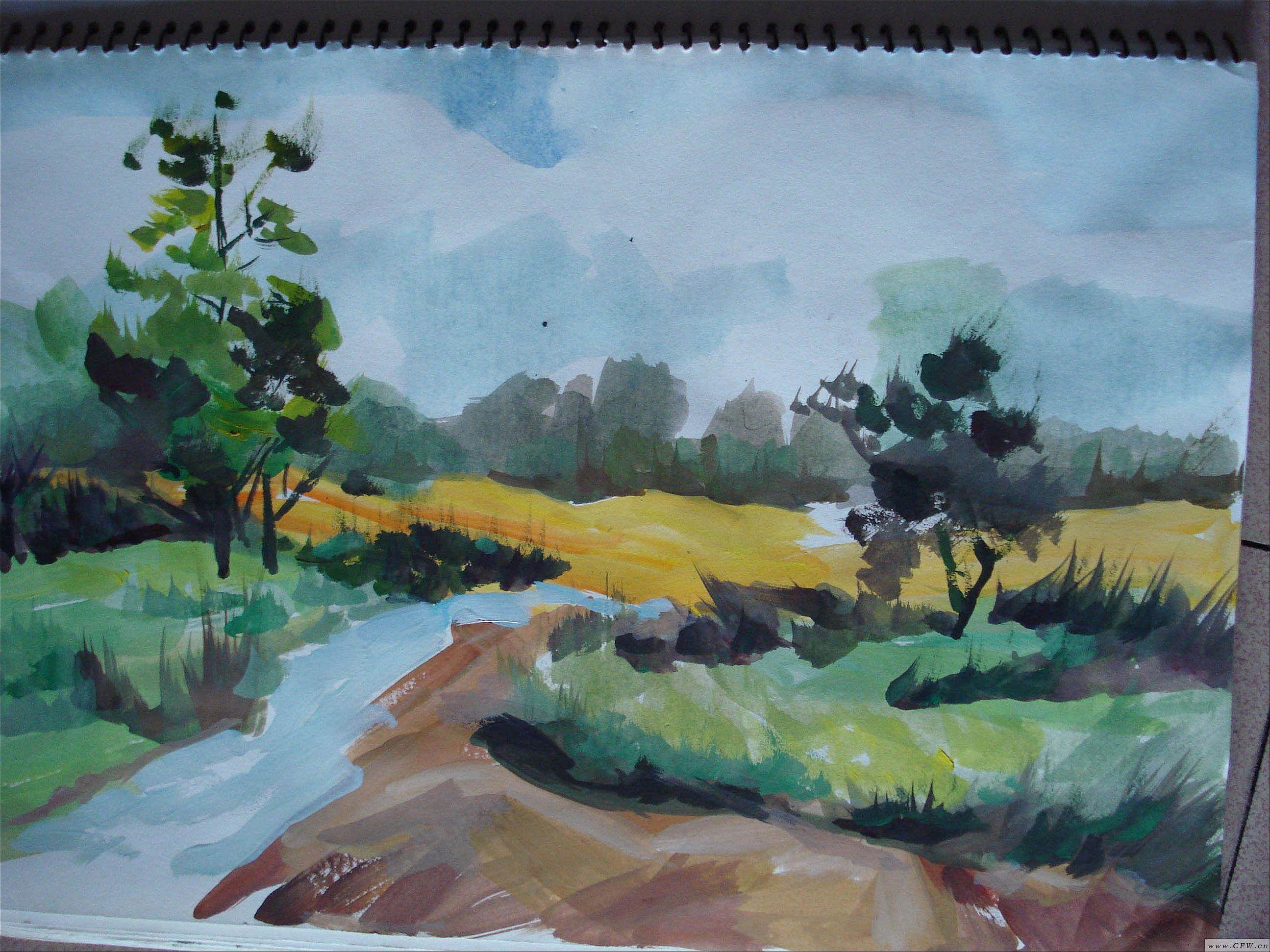 水粉画的风景画简单又漂亮