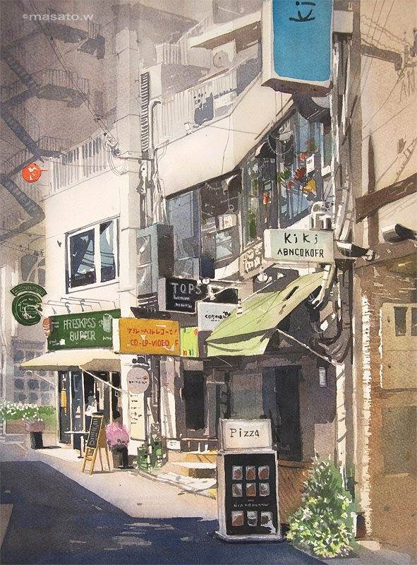 城市风光水彩画