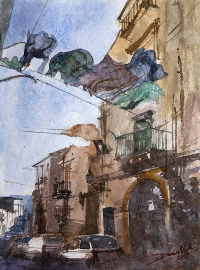 城市风光水彩画