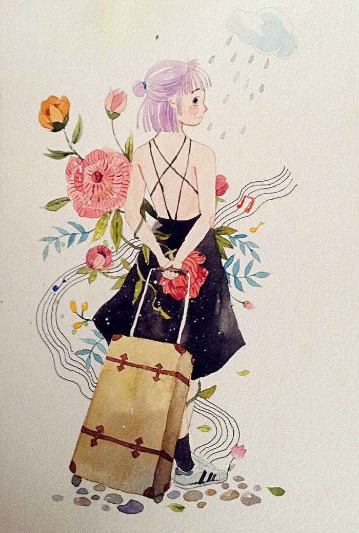 女孩水彩画