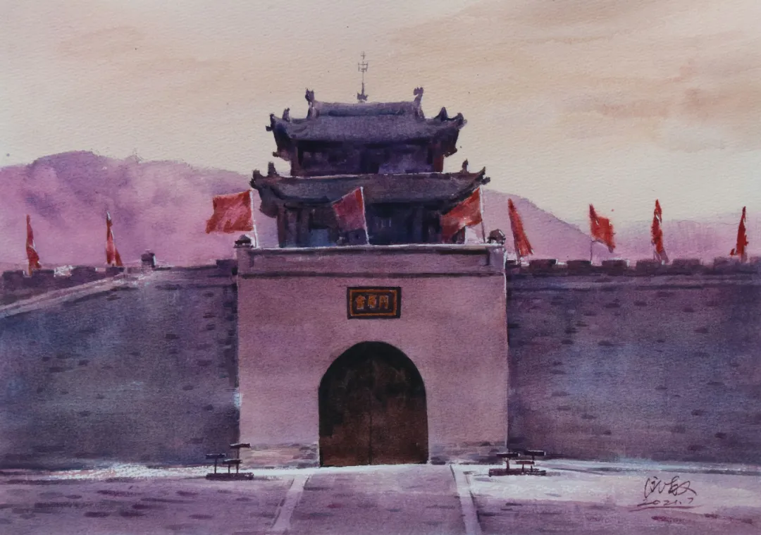 红色中国水彩画