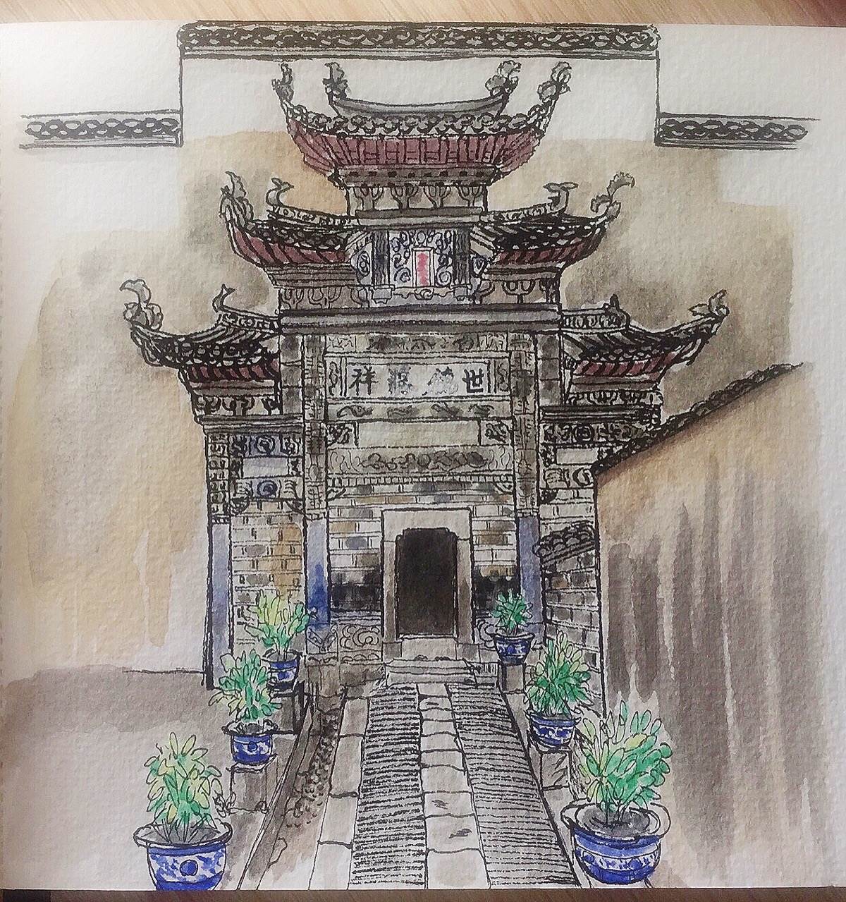 徽派建筑水粉画