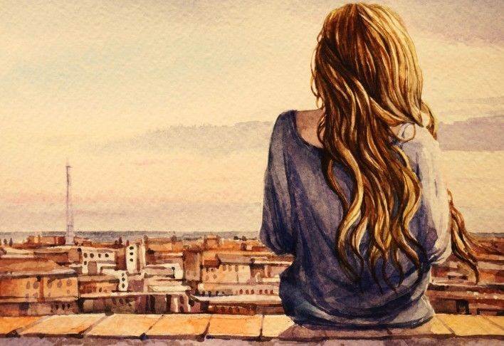 水粉画女孩背影画