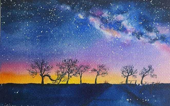 紫色星空水粉画