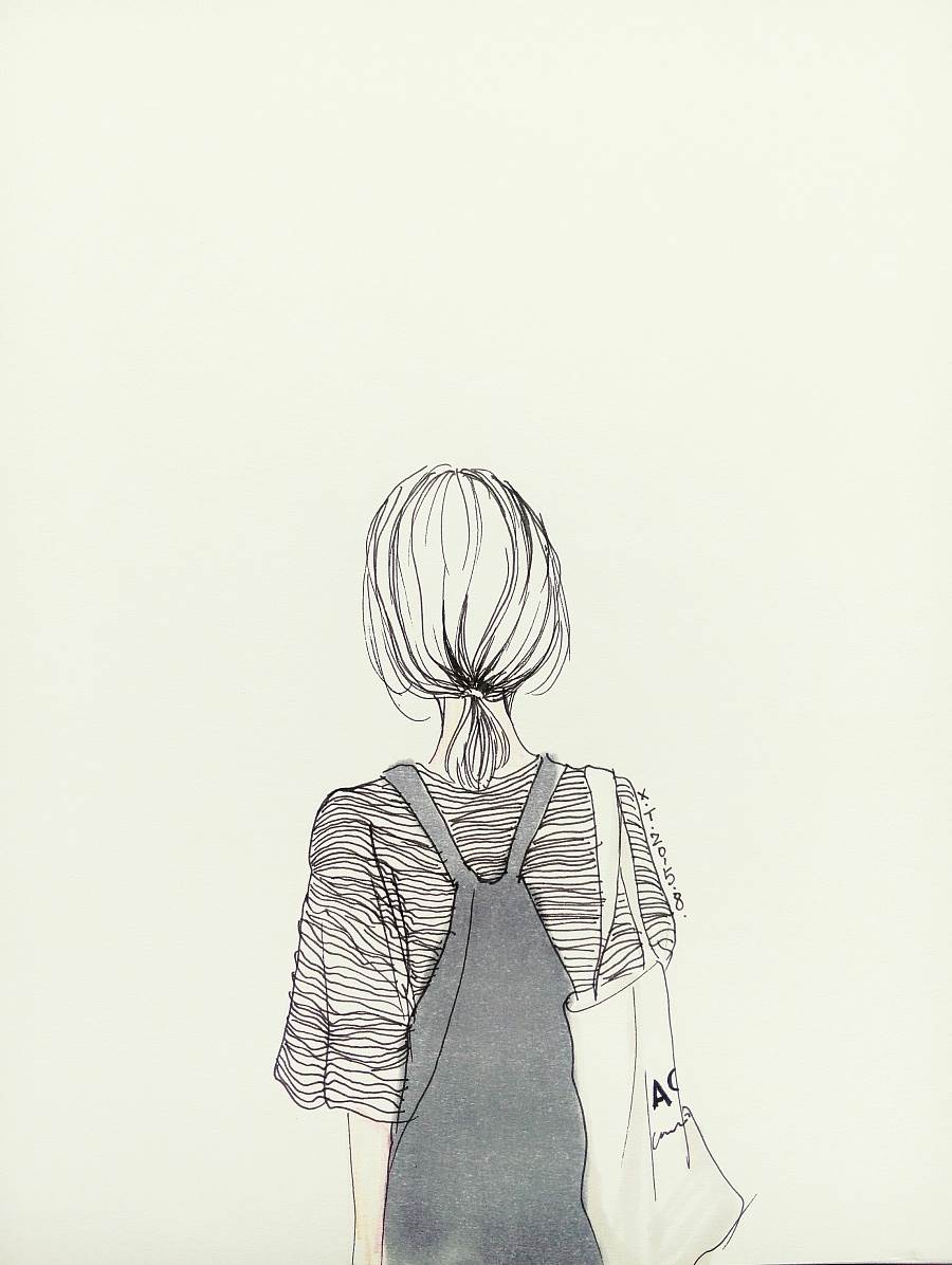 水粉画女孩背影画