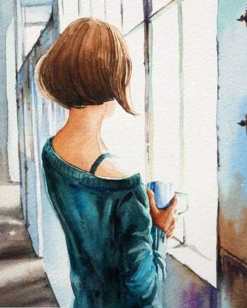 水粉画女孩背影画