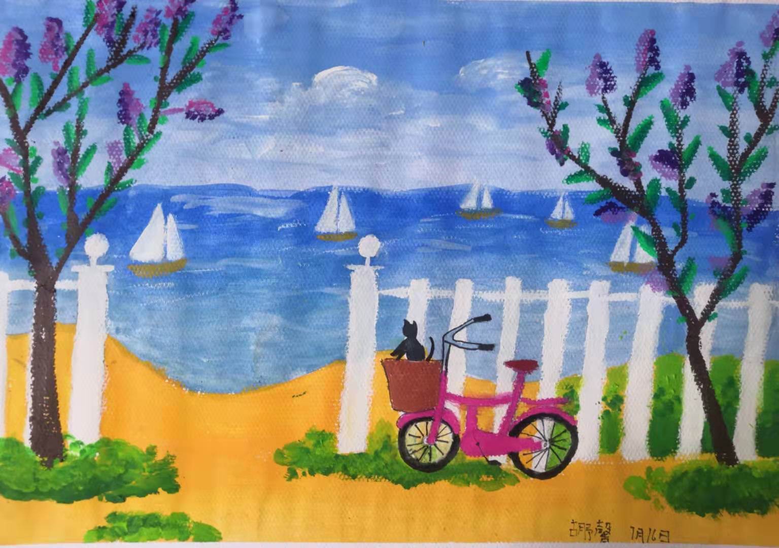 水粉画沙滩大海