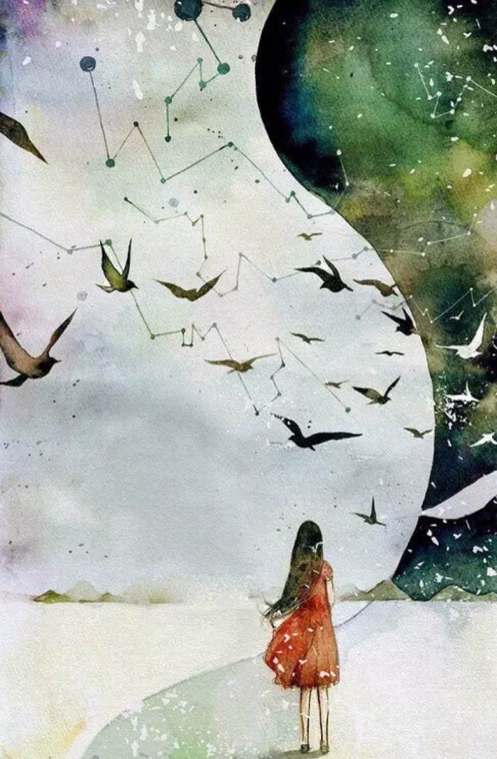 水粉画女孩背影画