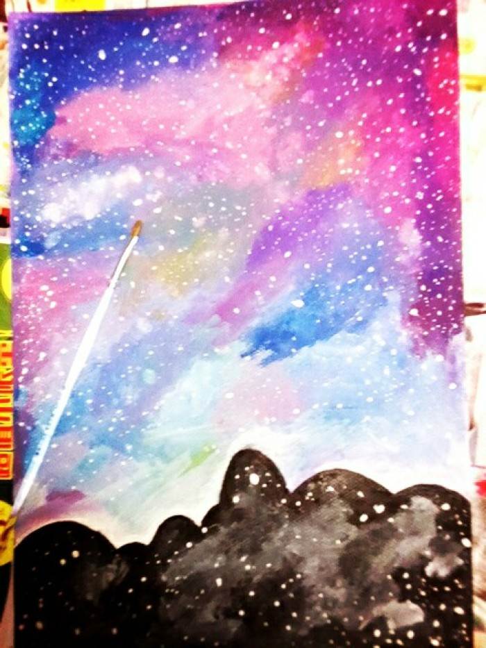 浪漫星空水粉画