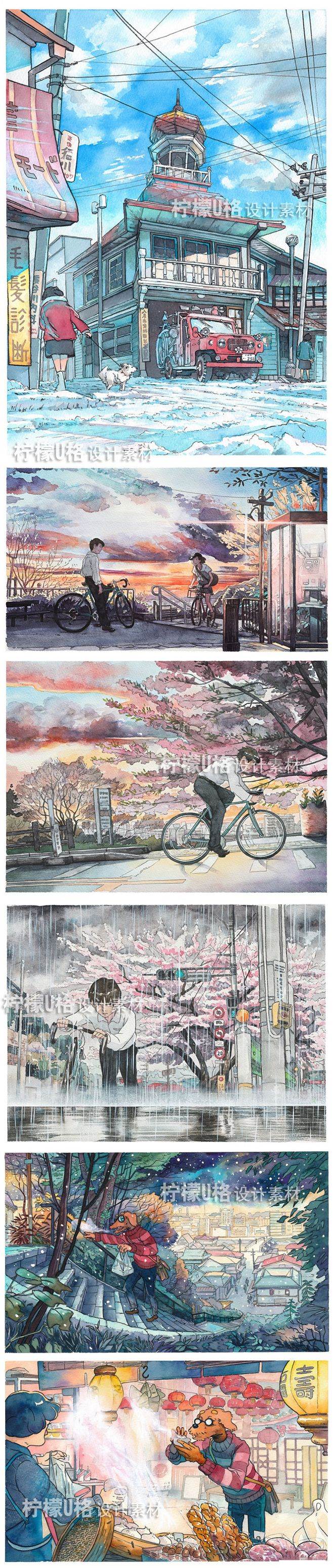 日式建筑水彩