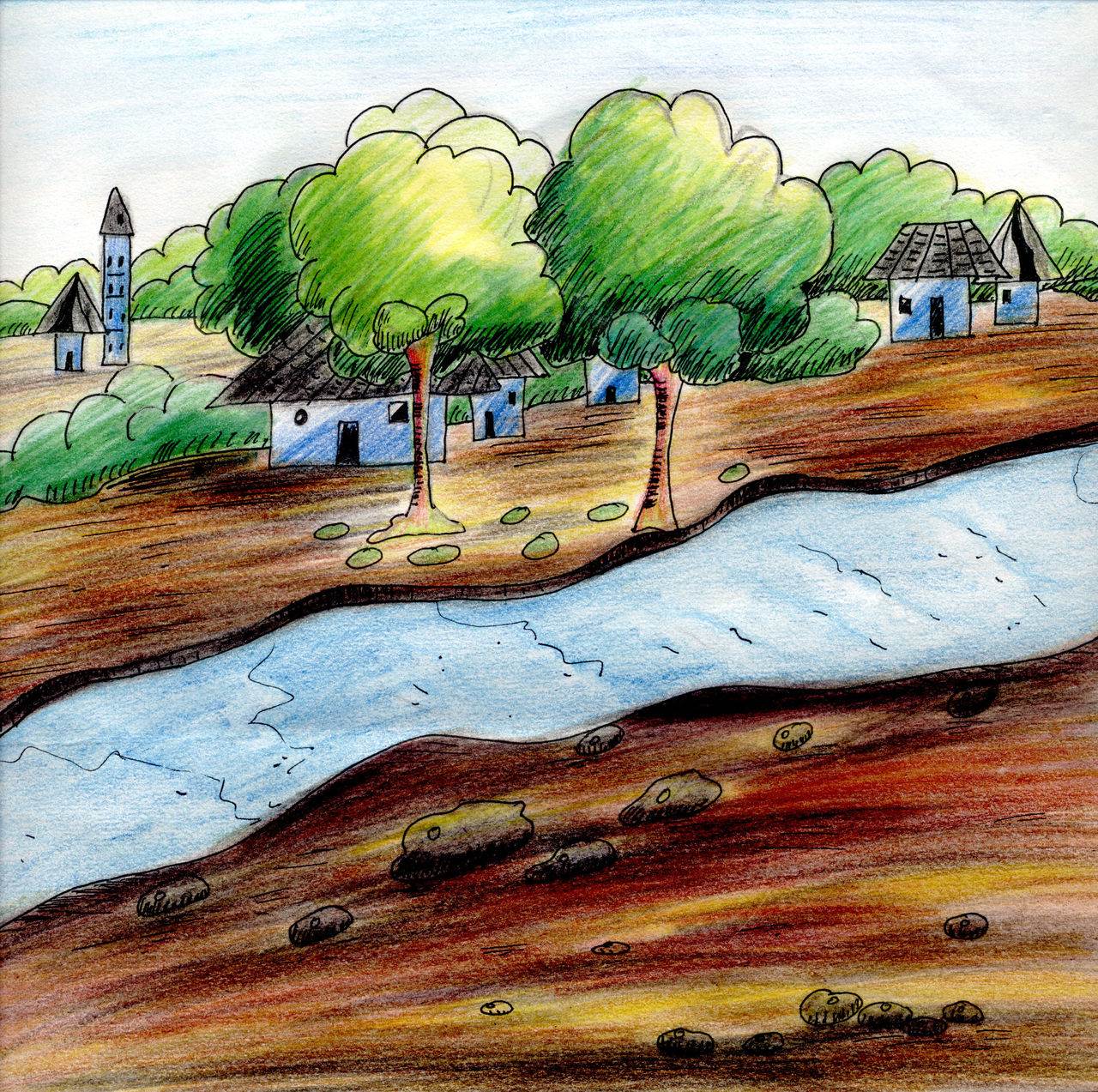 简单水粉画风景风景画