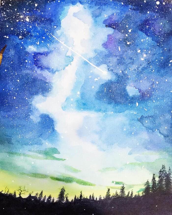 有人物星空的水彩画