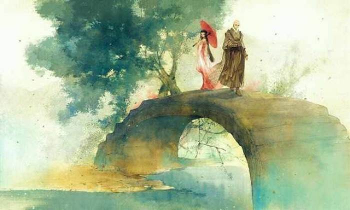 古风人物风景水彩画