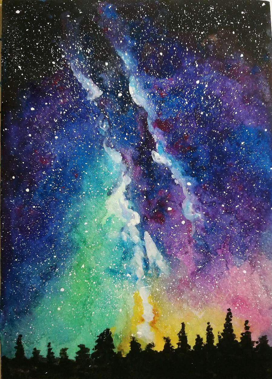 有人物星空的水彩画