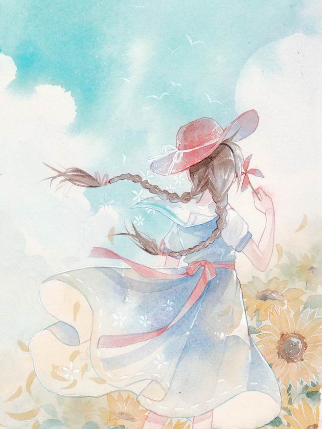 水彩画动漫人物星空