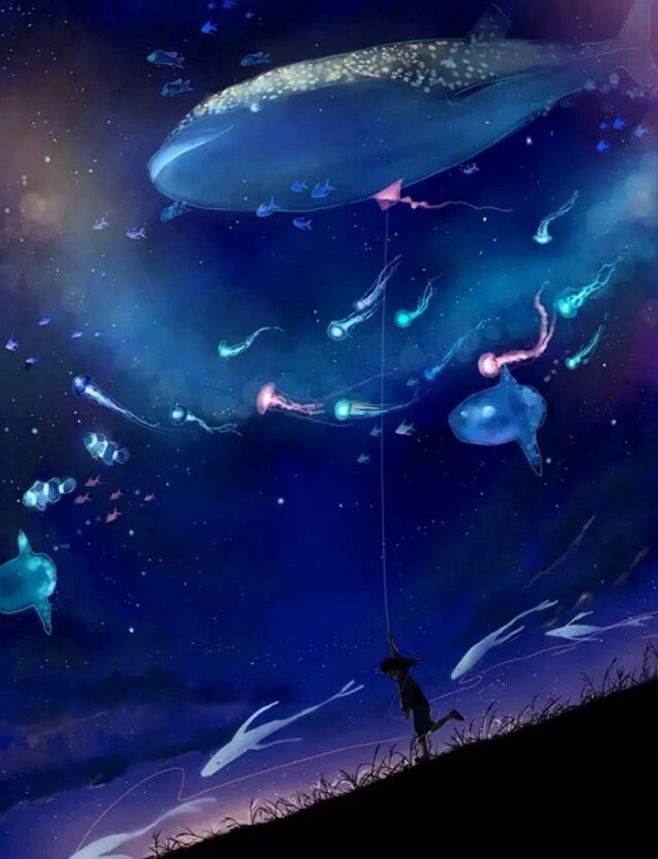 水彩画动漫人物星空