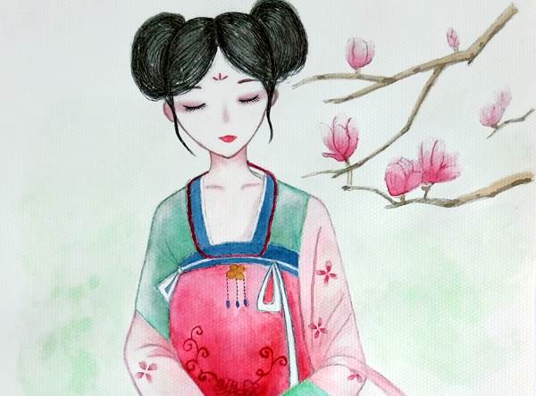 水彩画古风人物简单可爱