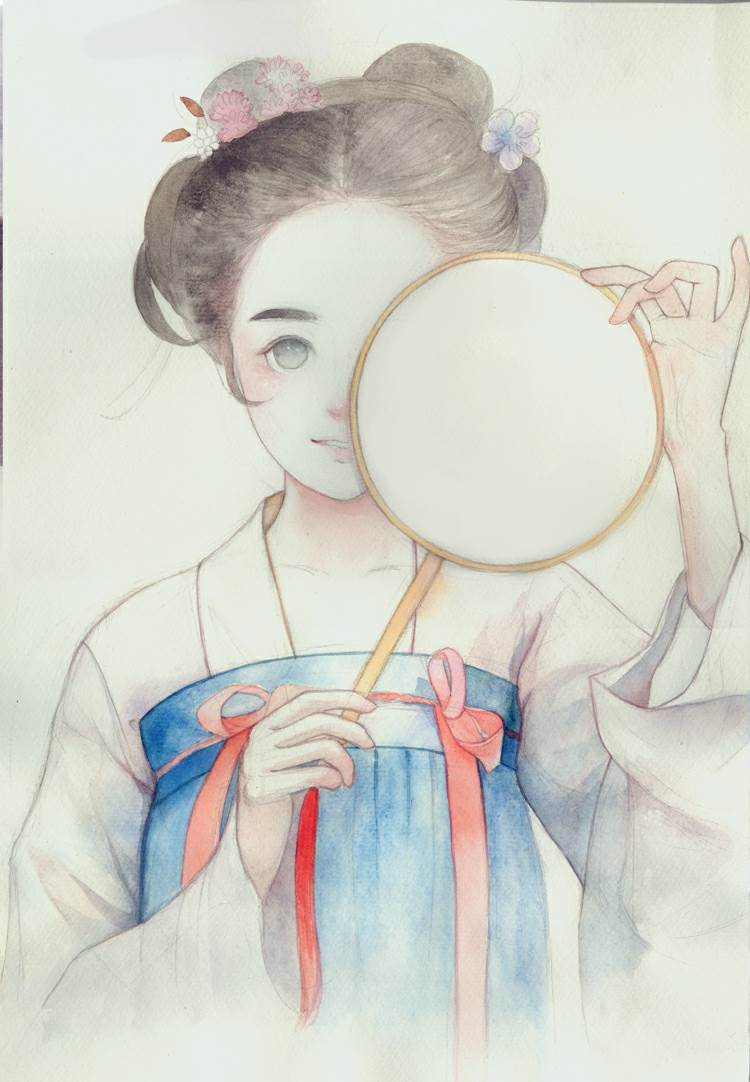 水彩画古风人物简单可爱