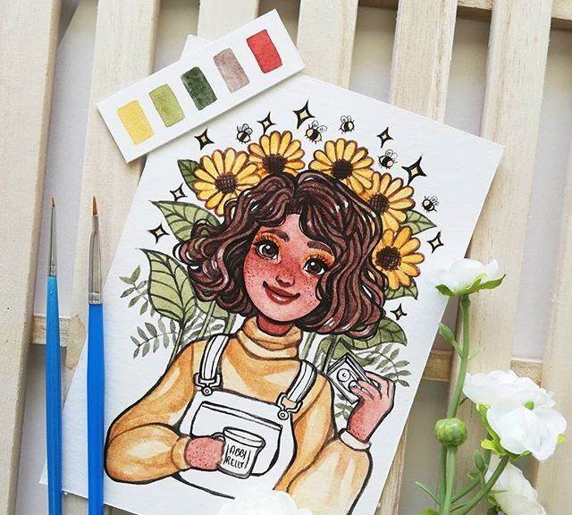 人物水彩画图片女孩可爱