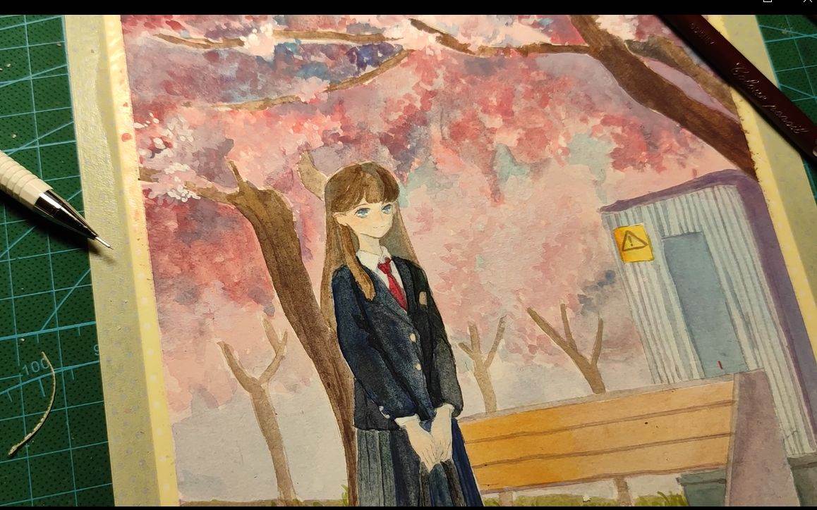 樱花树下黑色人物水彩画