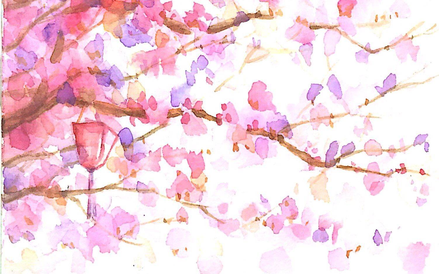 樱花树下黑色人物水彩画