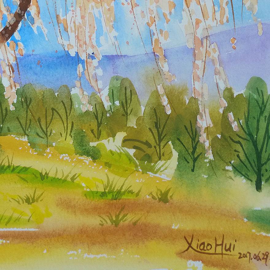 樱花树下黑色人物水彩画