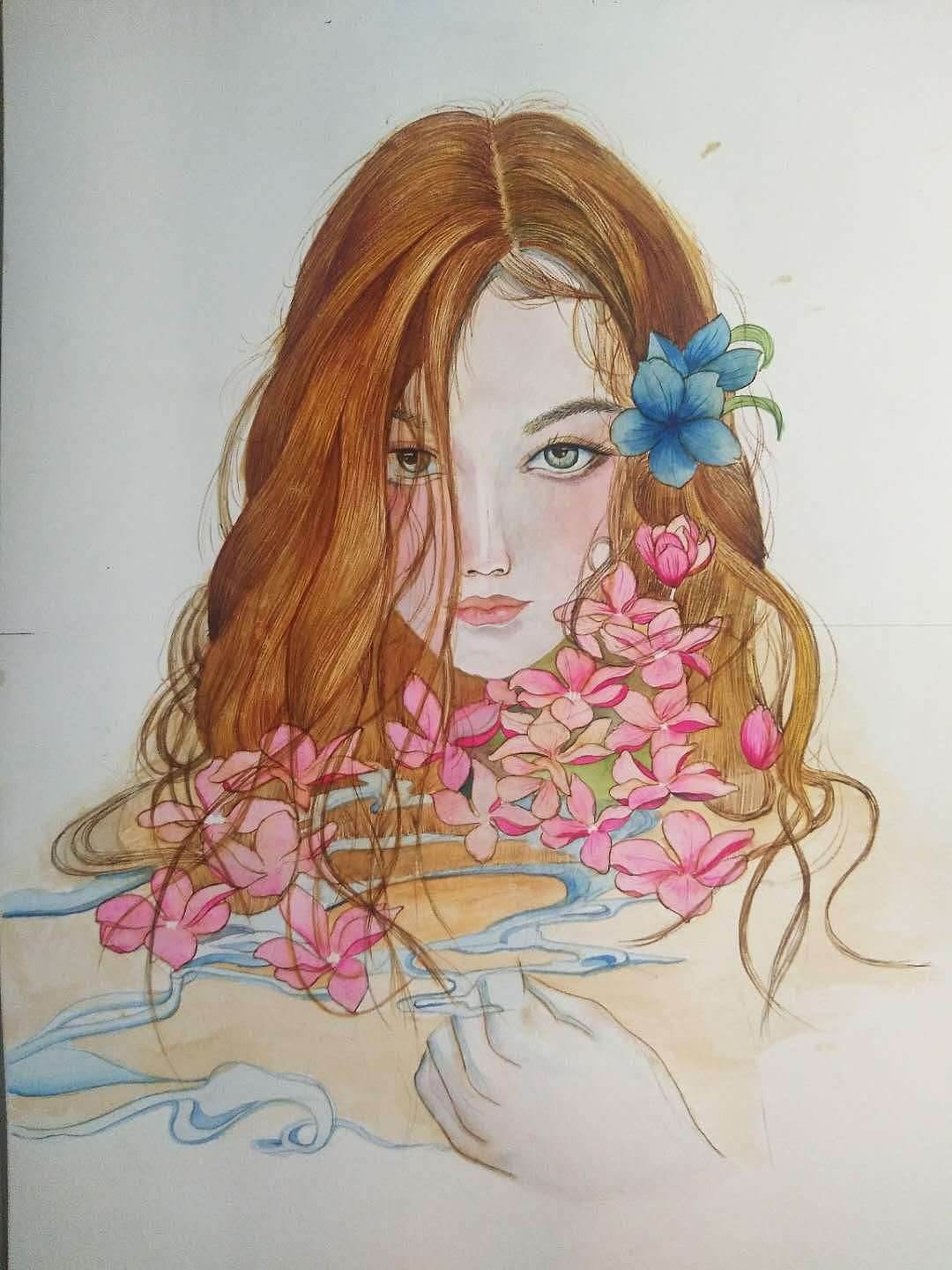 人物水彩画图片女孩初学者