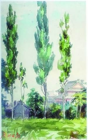 有人物有树木有房子的水彩画