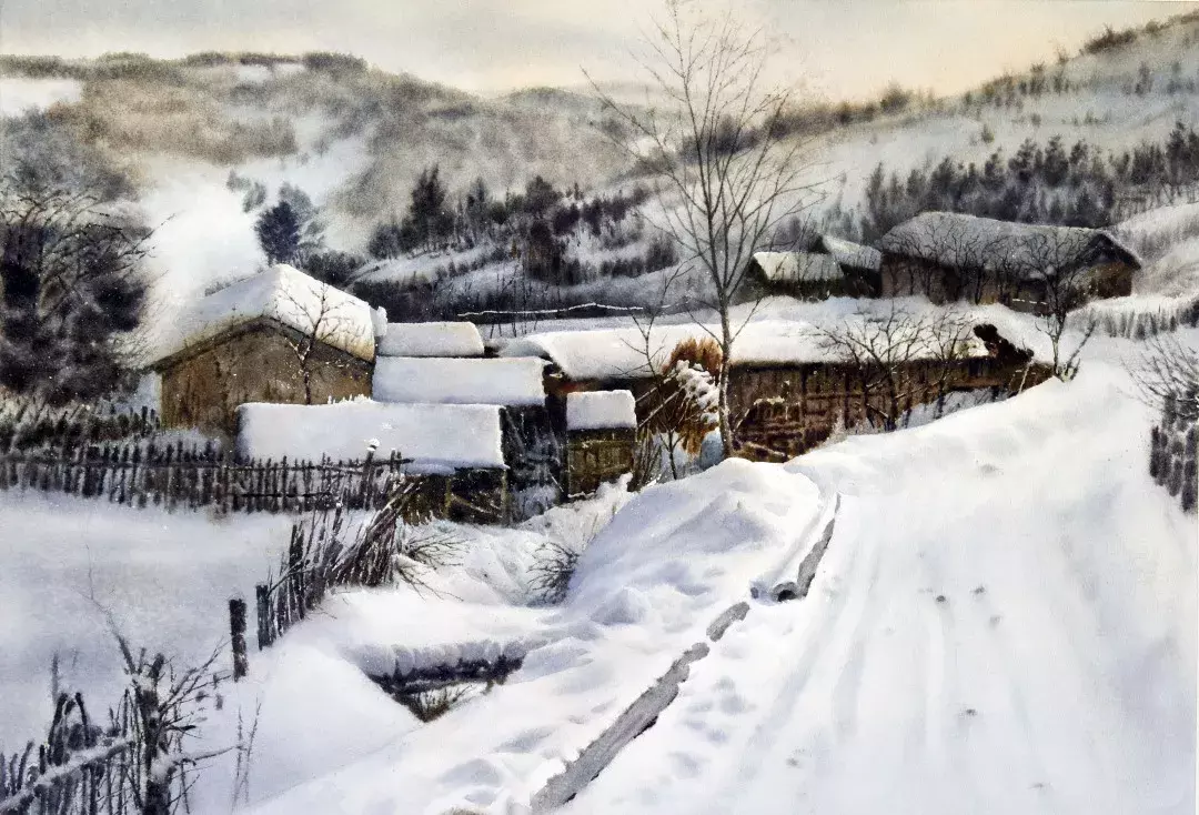 水彩画雪景中的人物