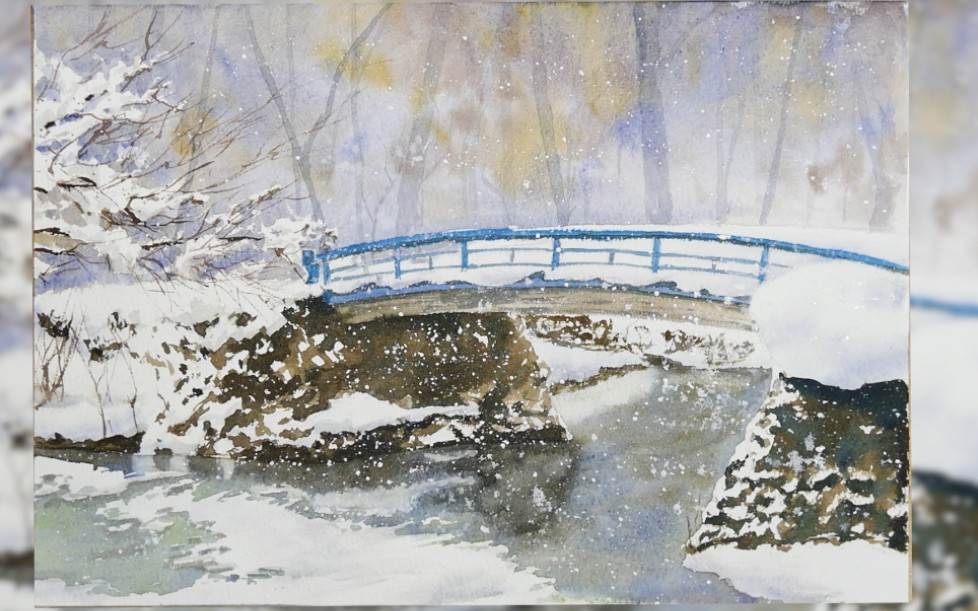 水彩画雪景中的人物