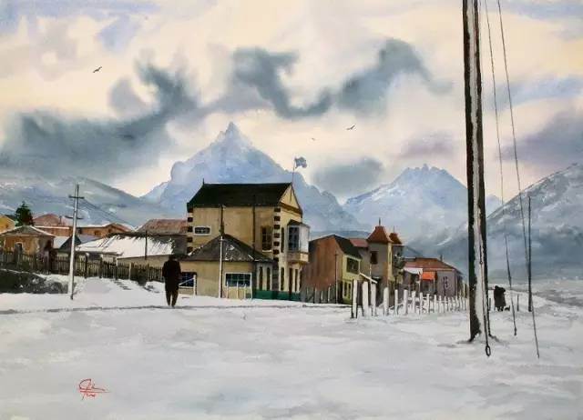 水彩画雪景中的人物