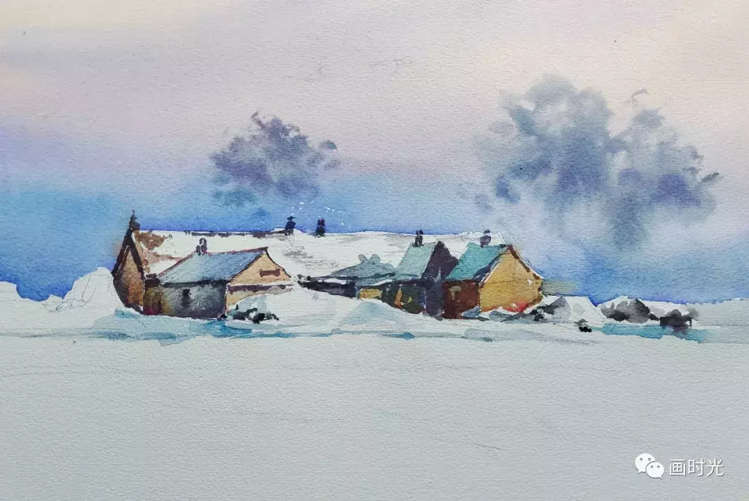 水彩画雪景中的人物