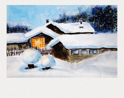 水彩画雪景中的人物