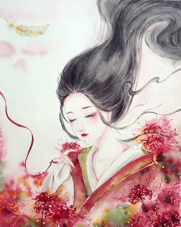 水彩画人物女孩古风图片