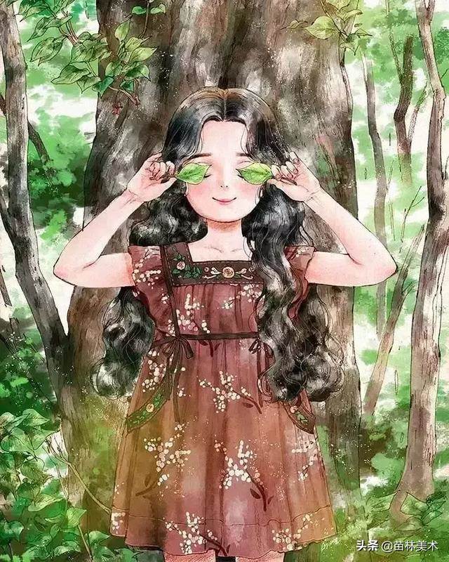 水彩画人物女孩森系图片