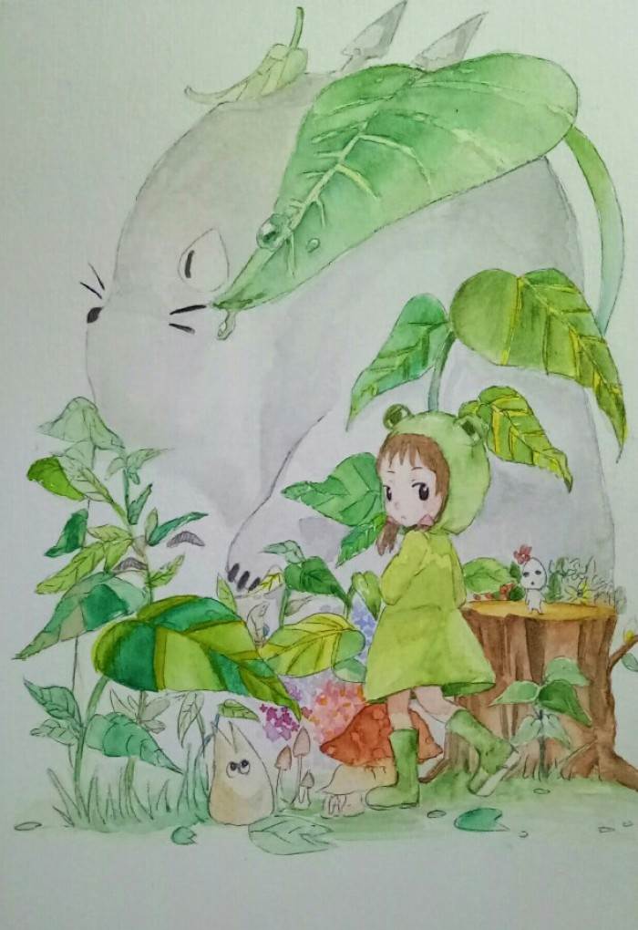 绿色背景的水彩画人物