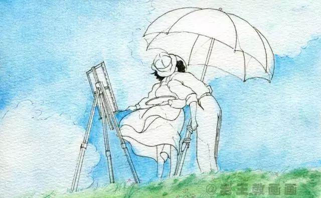 绿色背景的水彩画人物