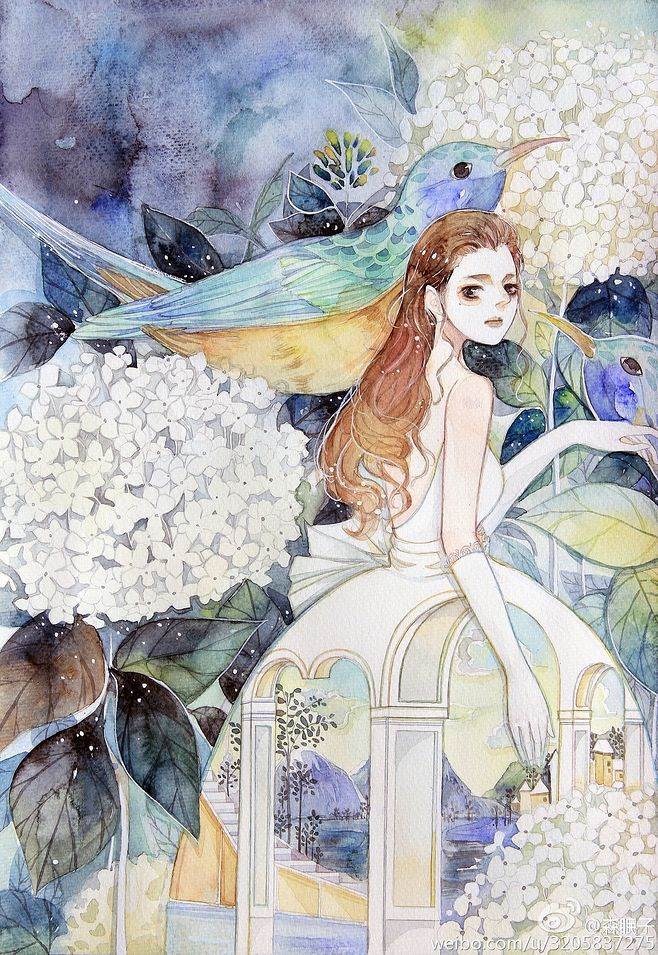 水彩画人物和花手绘