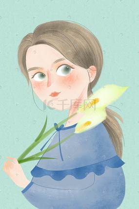 水彩画人物和花手绘