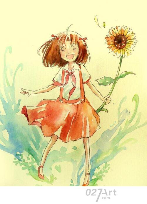 水彩画人物和花手绘