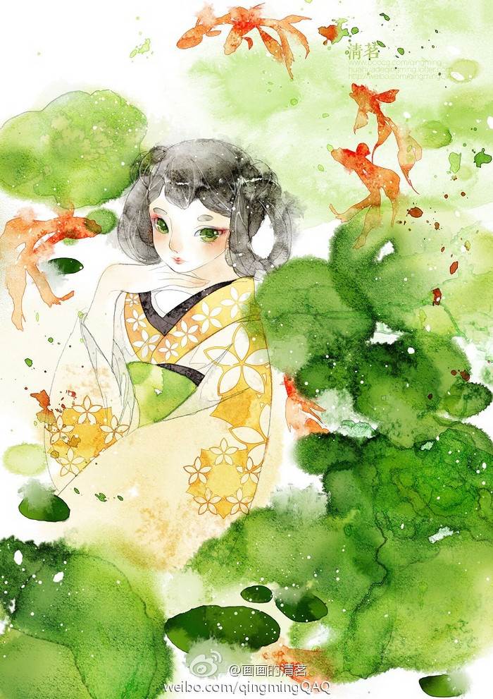 绿色背景的水彩画人物